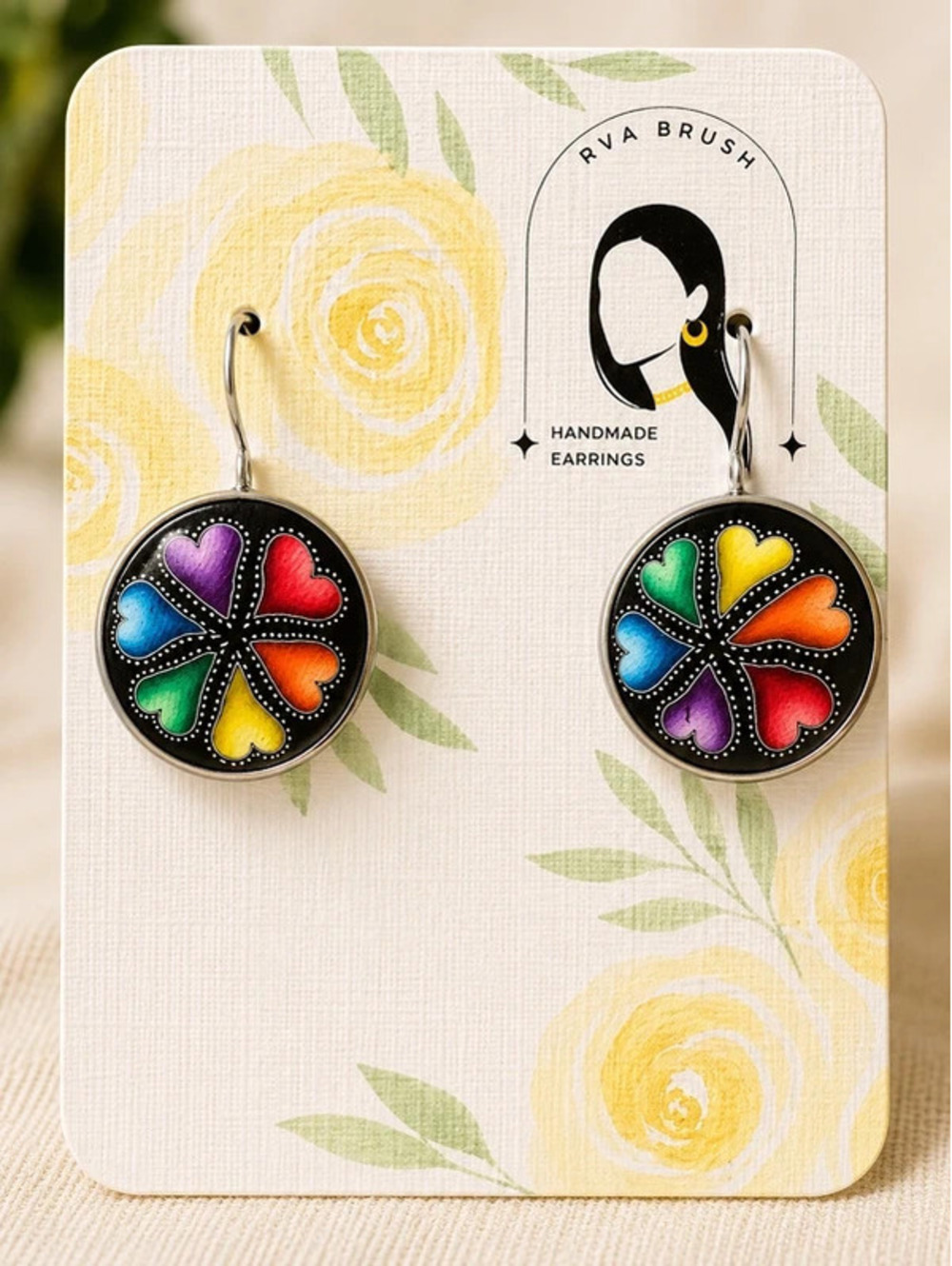 Handmade Rainbow Heart Polymer Clay Earrings - Colorful Floral Design, New